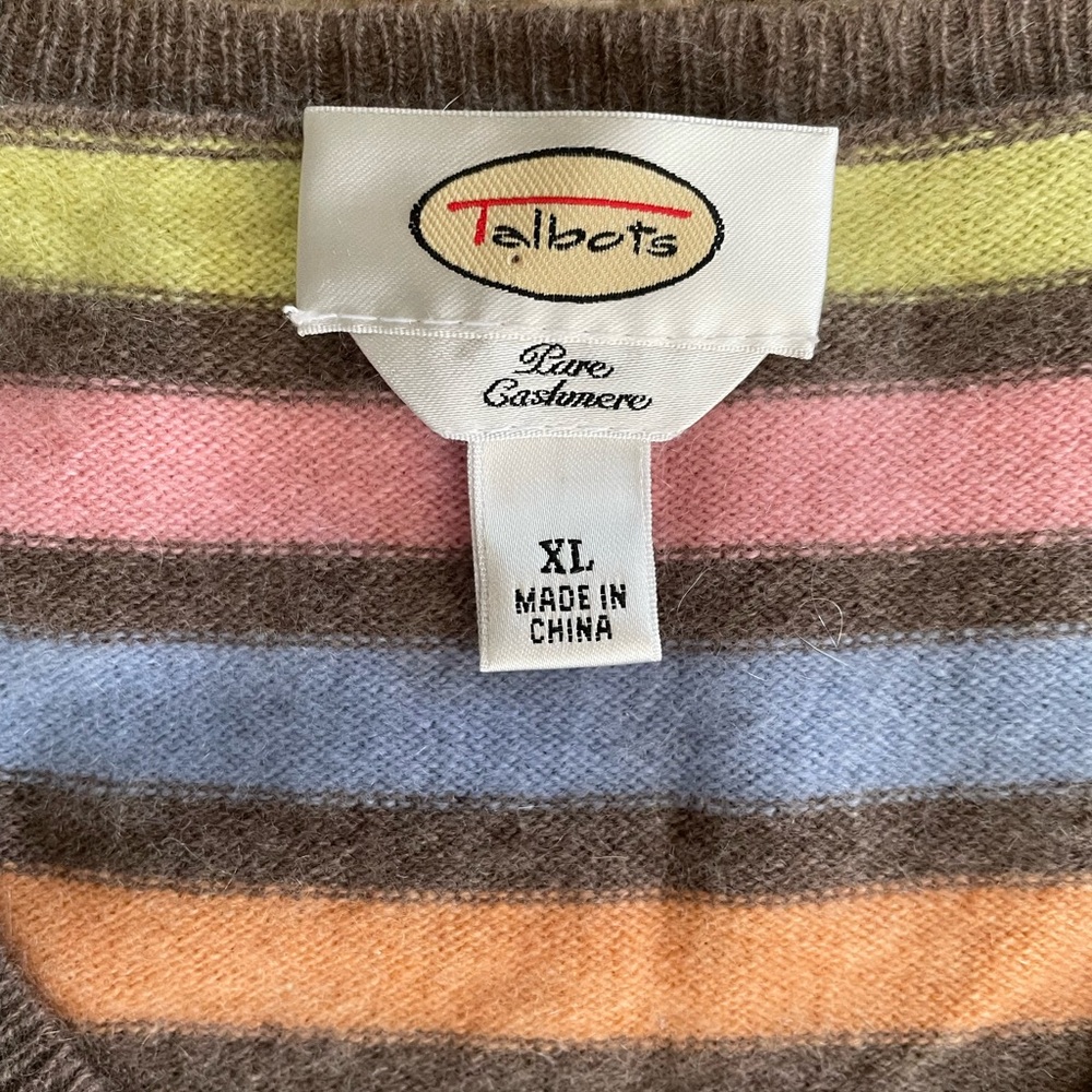 Talbots 100% Cashmere Striped Sweater XL Pastel V-Neck Soft Luxe Preppy - Picture 4 of 9